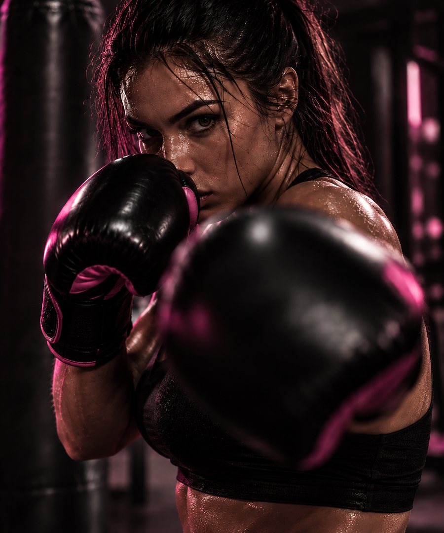Woman in a boxing stance wearing pink-trimmed gloves, training at G-Force.