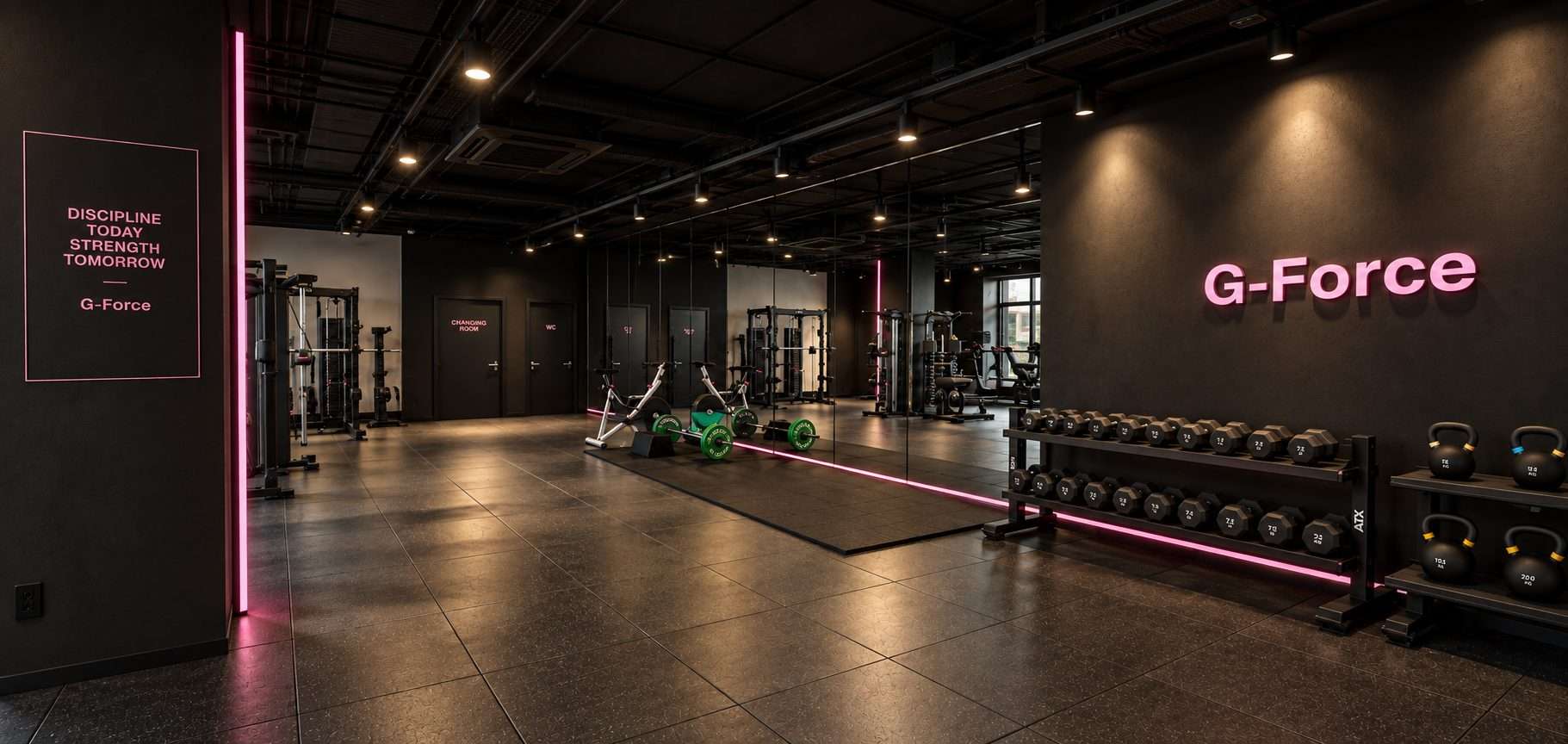 The G-FORCE studio: training floor, mirrors and dumbbell rack under pink light.